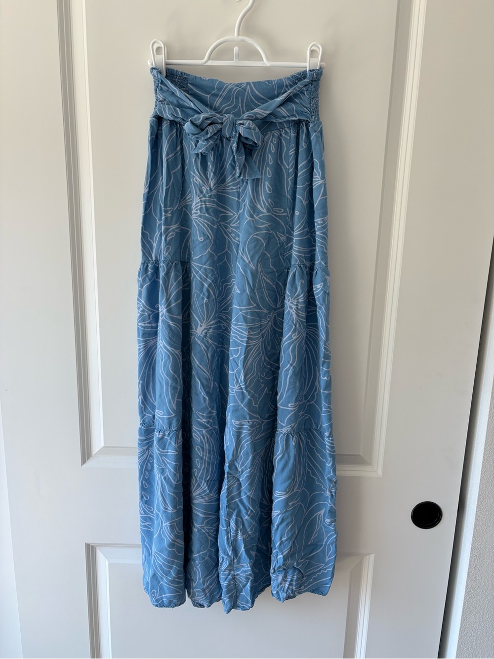 Patrons of Peace Blue Wide Leg Jumpsuit with White Leaf Print
